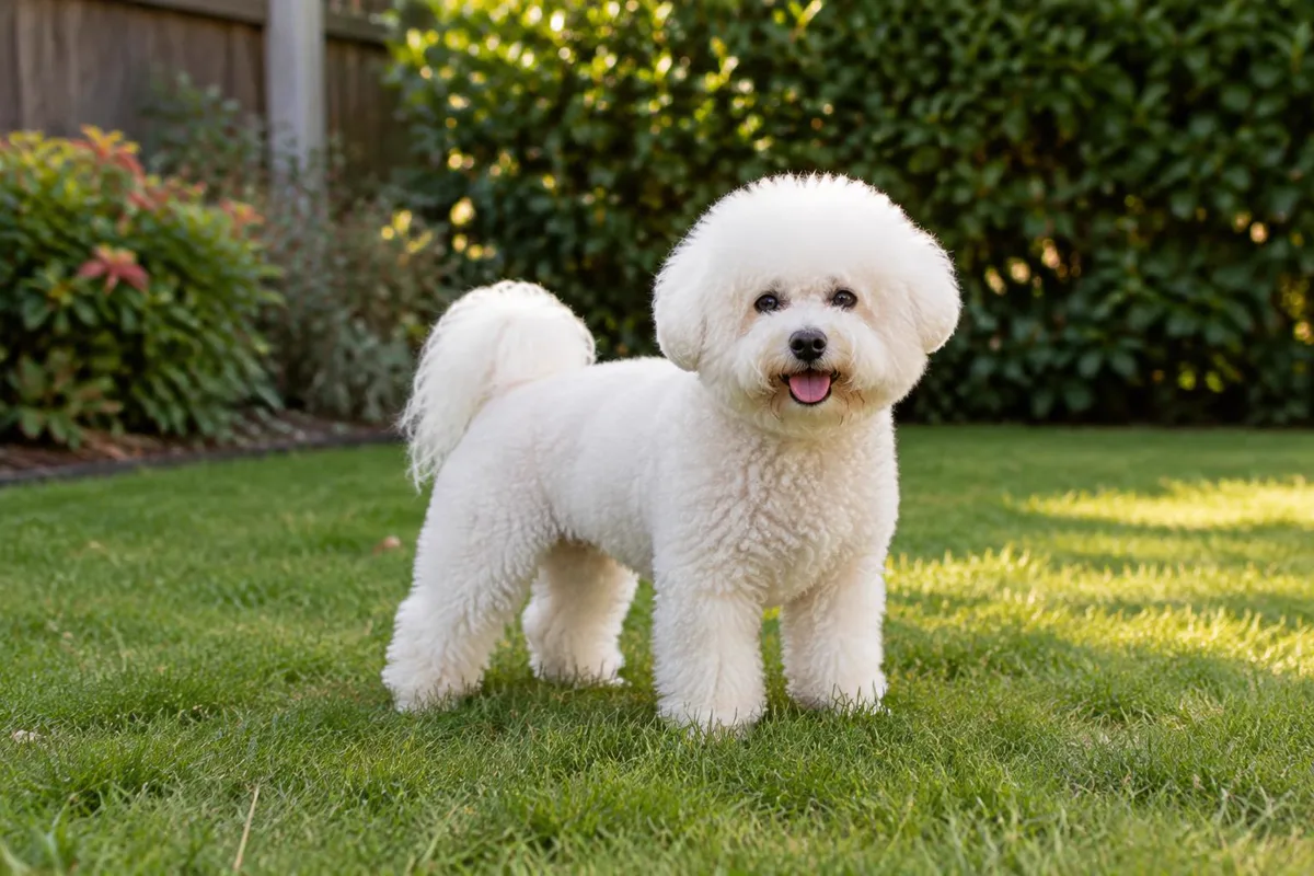 White Bichon Frise standing on a garden lawn (illustrative image)