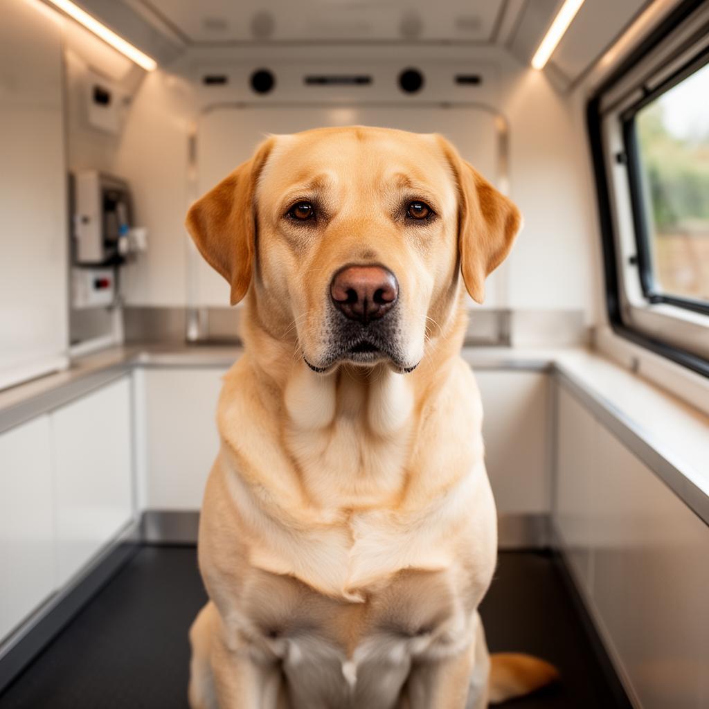 Rescue dog being gently and patiently groomed in a calm mobile grooming van