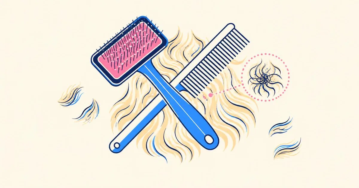 Illustration of a slicker brush and a metal comb crossed over a patch of wavy dog coat with a highlighted tangle