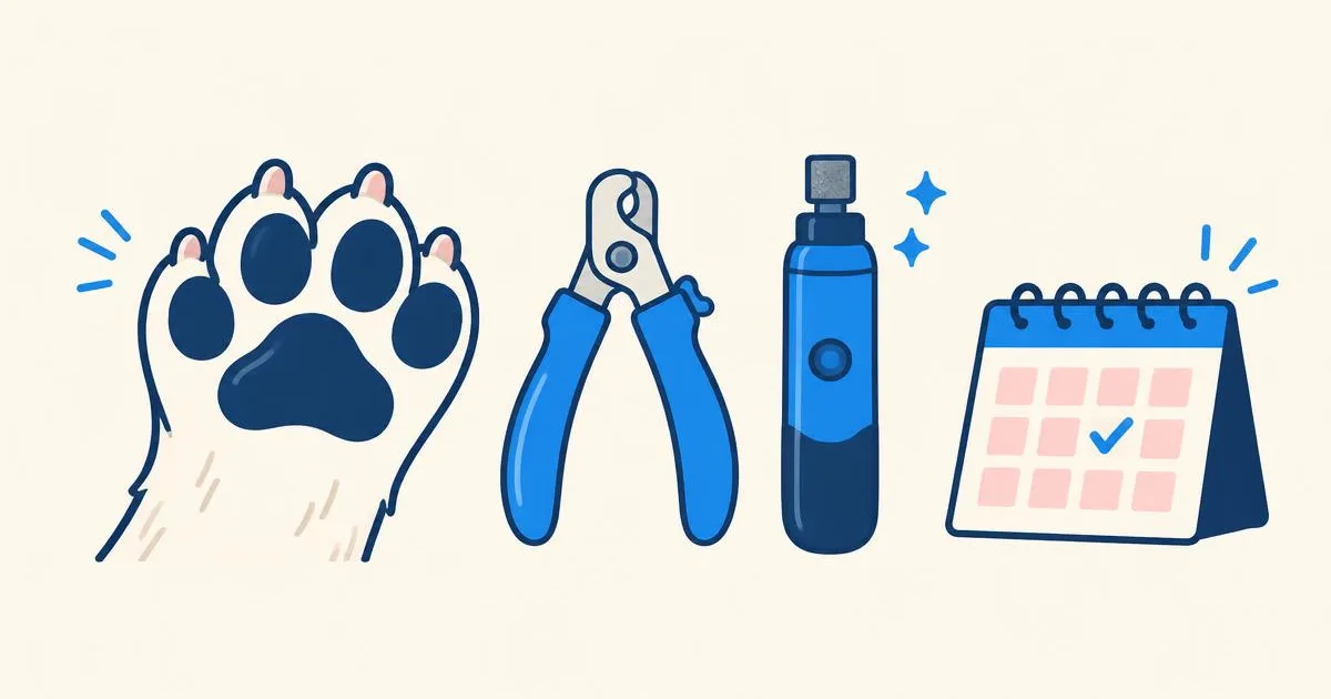 Illustration of a dog paw with short nails beside a pet nail clipper, a nail grinder and a calendar with a check mark