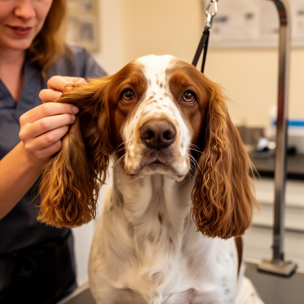 Groomer carefully cleaning a spaniel's ears during a mobile appointment