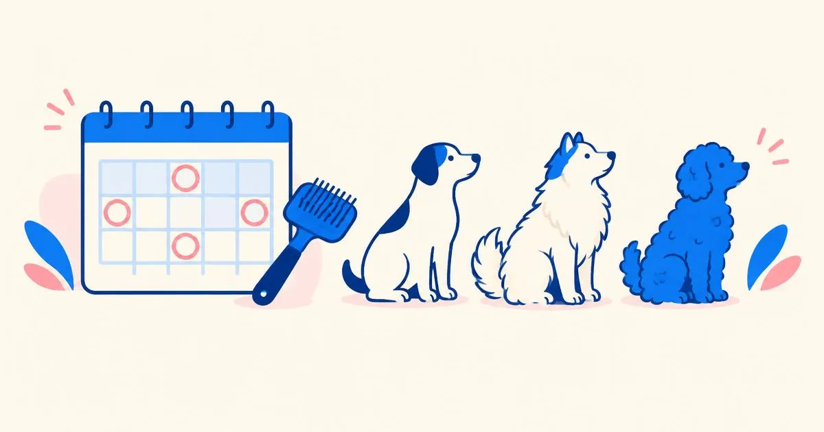 Illustration of a calendar with circled days, a grooming brush and three dogs with short, double and curly coats