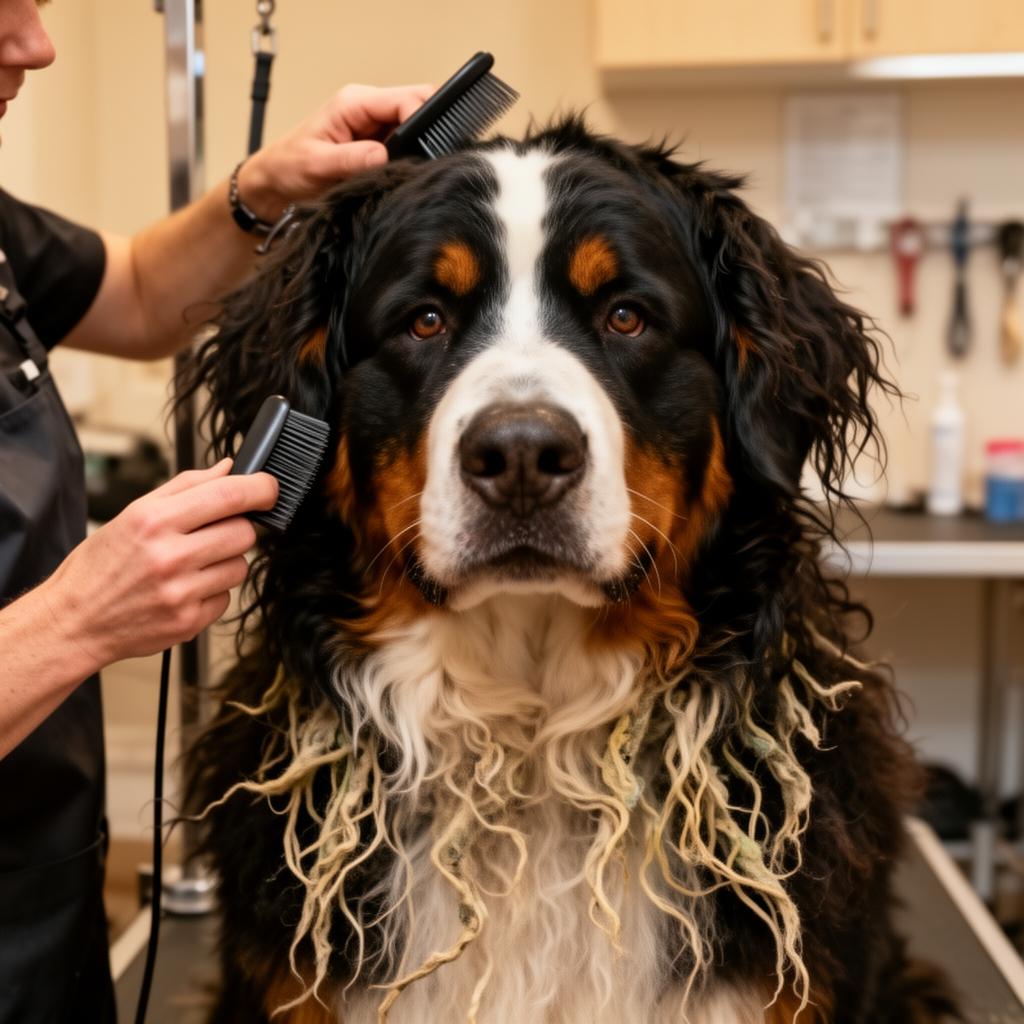 Groomer carefully detangling matted dog fur during a mobile appointment