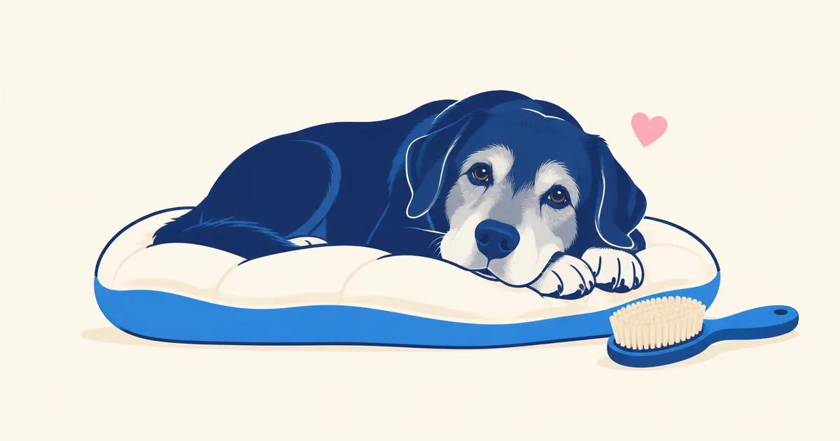 Illustration of an older grey-muzzled dog resting on a cushioned mat beside a soft brush