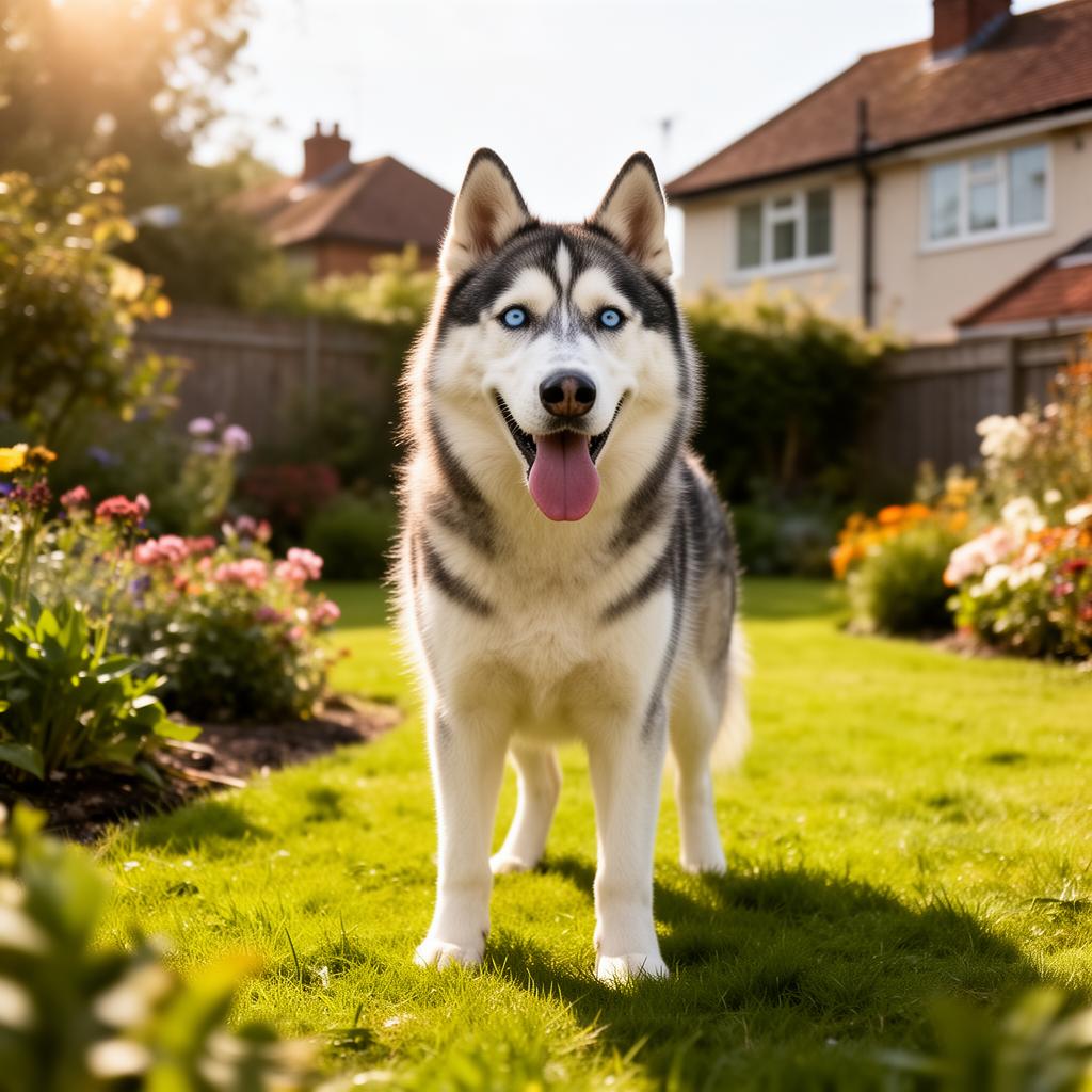 Happy dog in a sunny UK garden after a summer grooming session