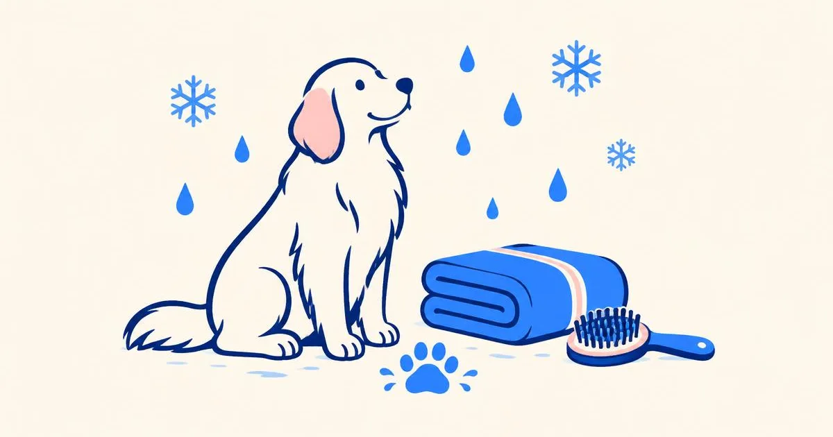 Illustration of a dog sitting beside a folded towel and grooming brush with rain drops and a wet paw print