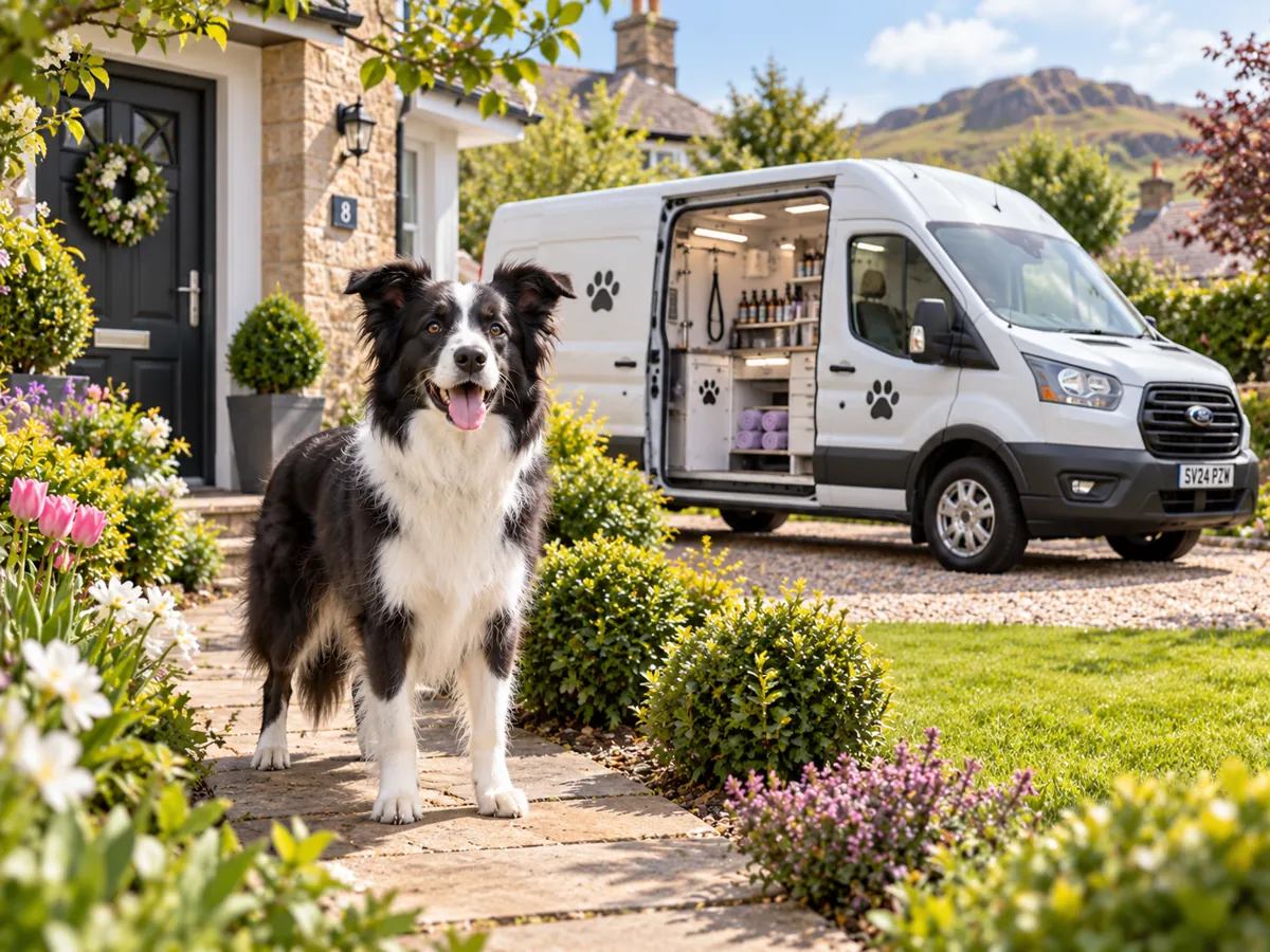 Illustrative image of a black and white Border Collie standing in a front garden beside a white mobile grooming van