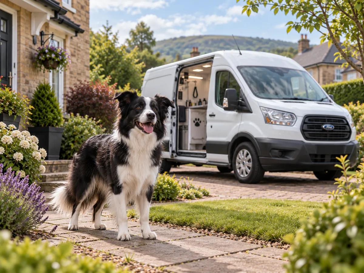 Border Collie standing on a garden path beside a white mobile grooming van (illustrative image)