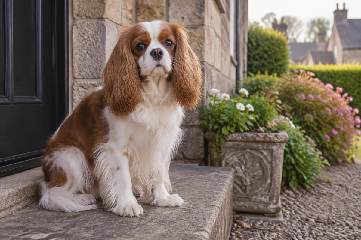 Cavalier King Charles Spaniel sitting on a doorstep beside a garden (illustrative image)