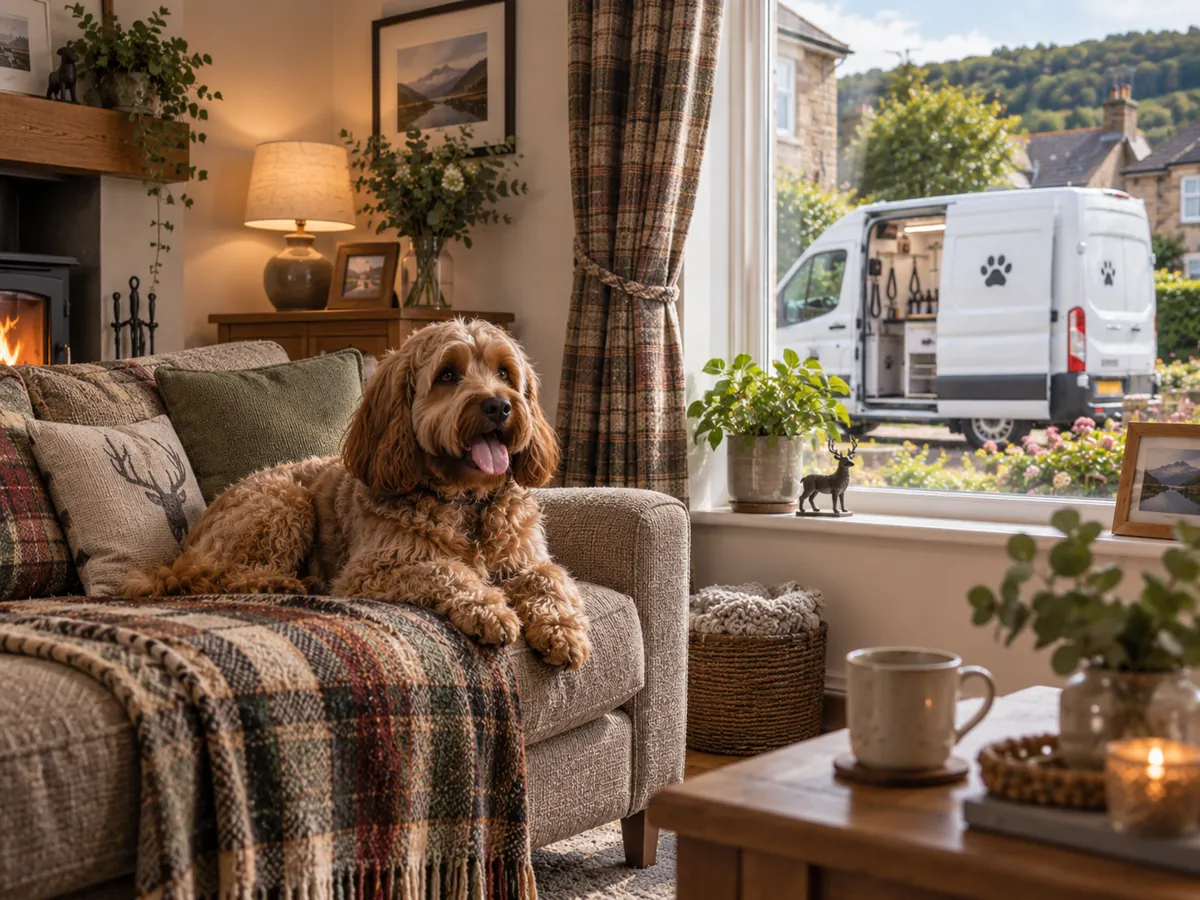 Illustrative image of a curly-coated Cockapoo lying on a sofa by a window