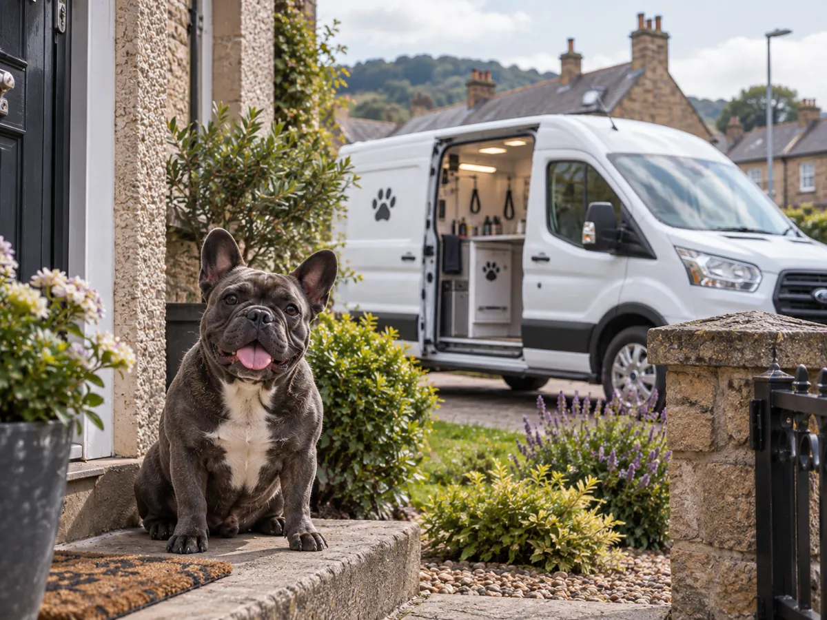 French Bulldog sitting on a front doorstep with a white mobile grooming van parked behind (illustrative image)