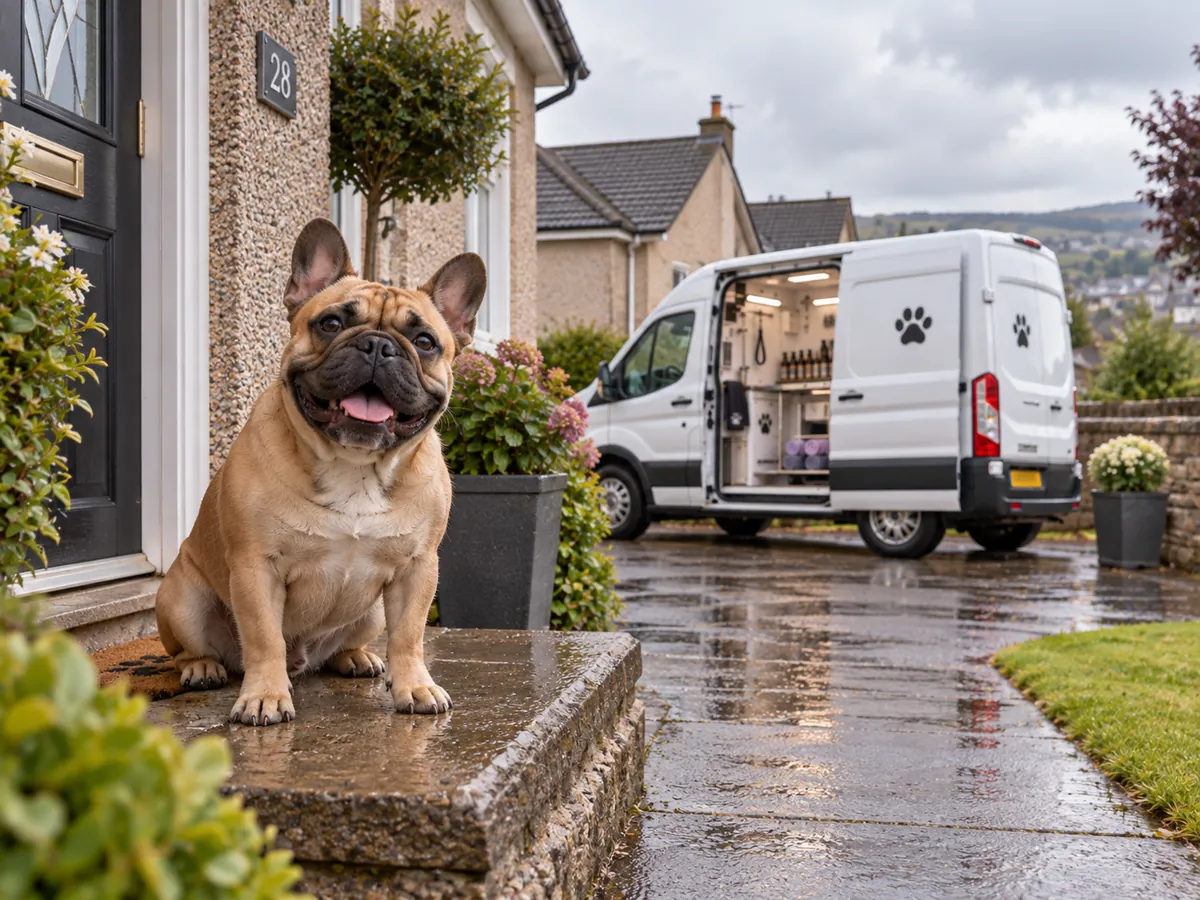 Illustrative image of a French Bulldog sitting on a front step, with a white mobile grooming van parked behind