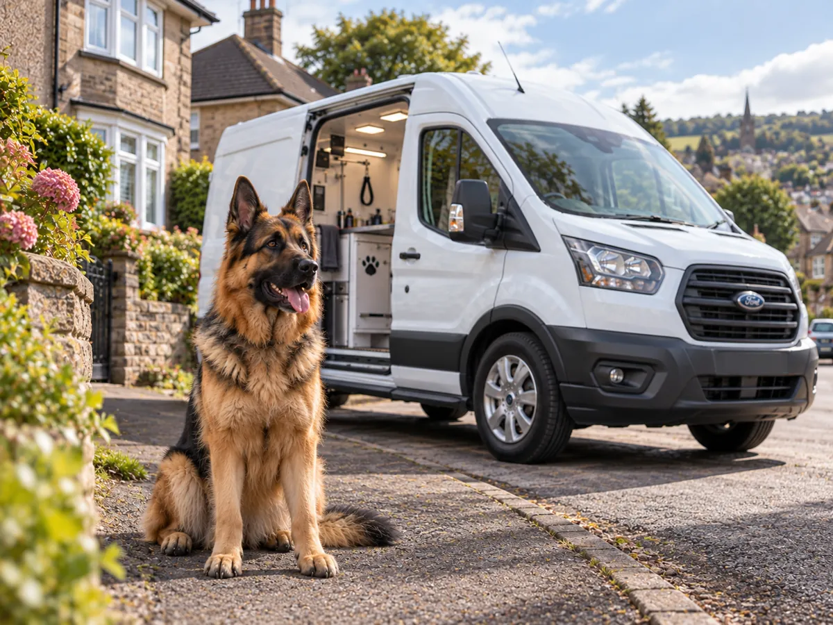 German Shepherd sitting on a residential street beside a white mobile grooming van with its side door open (illustrative image)