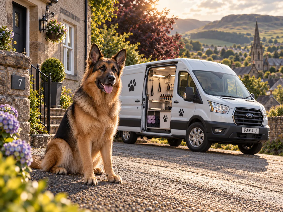 Illustrative image of a German Shepherd sitting on a driveway beside a white mobile grooming van