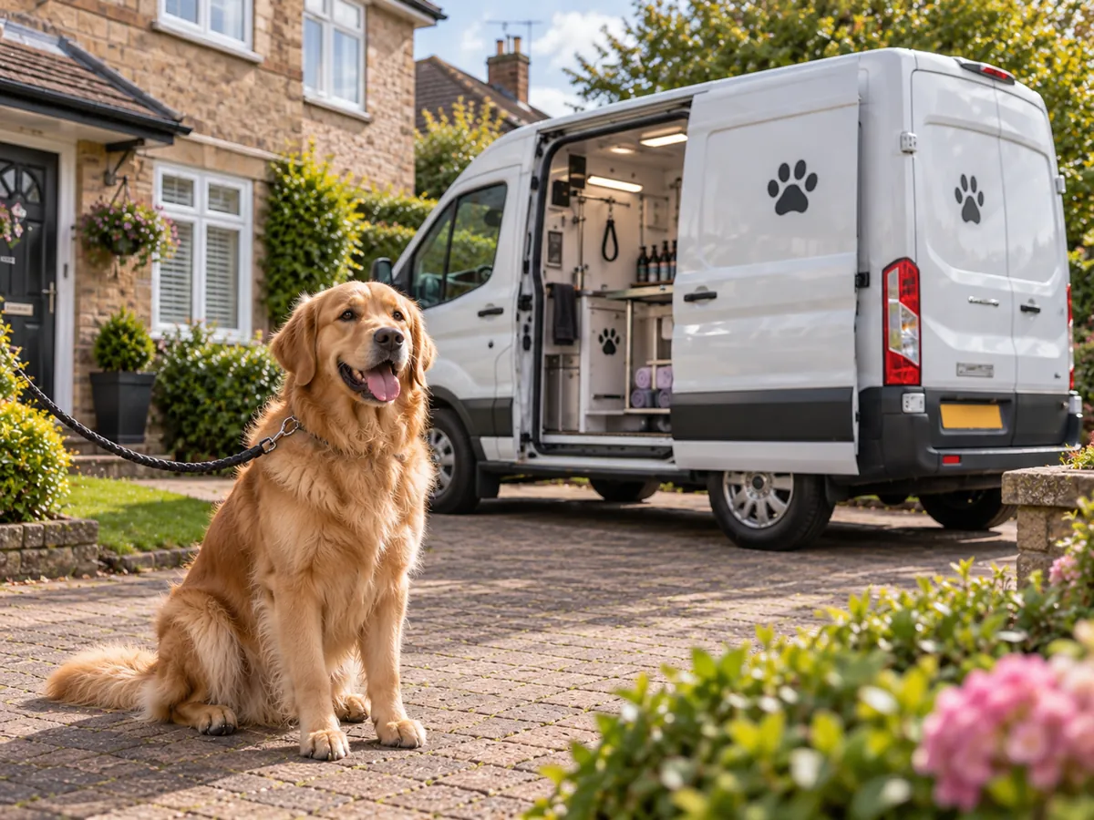 Golden Retriever sitting on a driveway near an open white mobile grooming van (illustrative image)