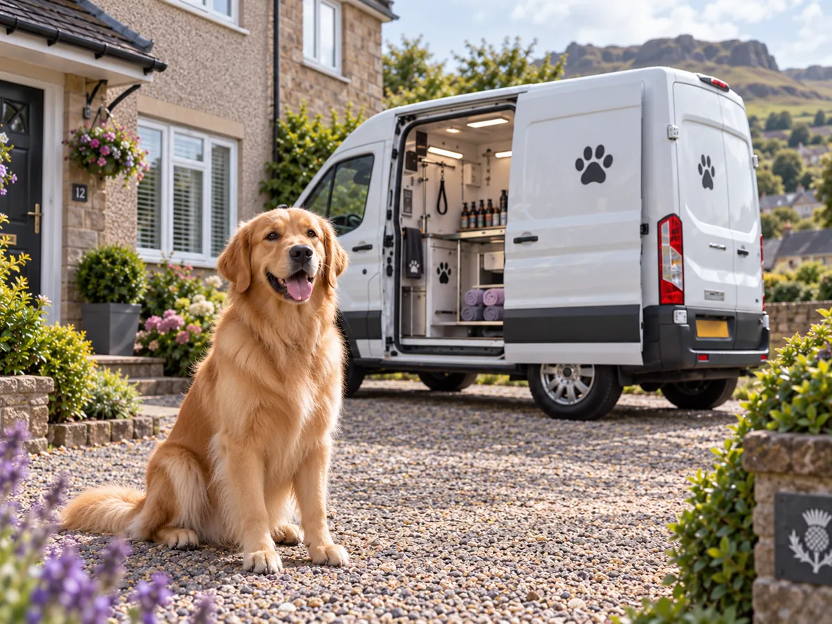 Illustrative image of a Golden Retriever sitting on a gravel driveway beside a white mobile grooming van