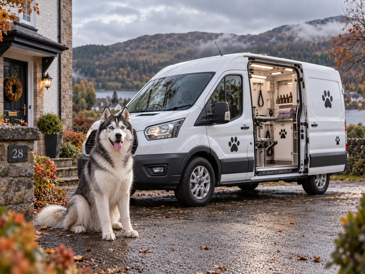 Illustrative image of a Siberian Husky sitting on an autumn driveway beside a white mobile grooming van