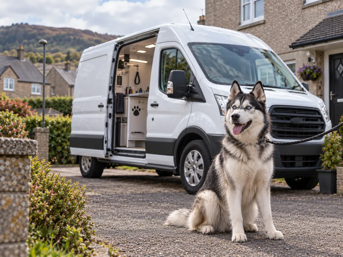 Siberian Husky sitting on a residential street beside a white mobile grooming van (illustrative image)