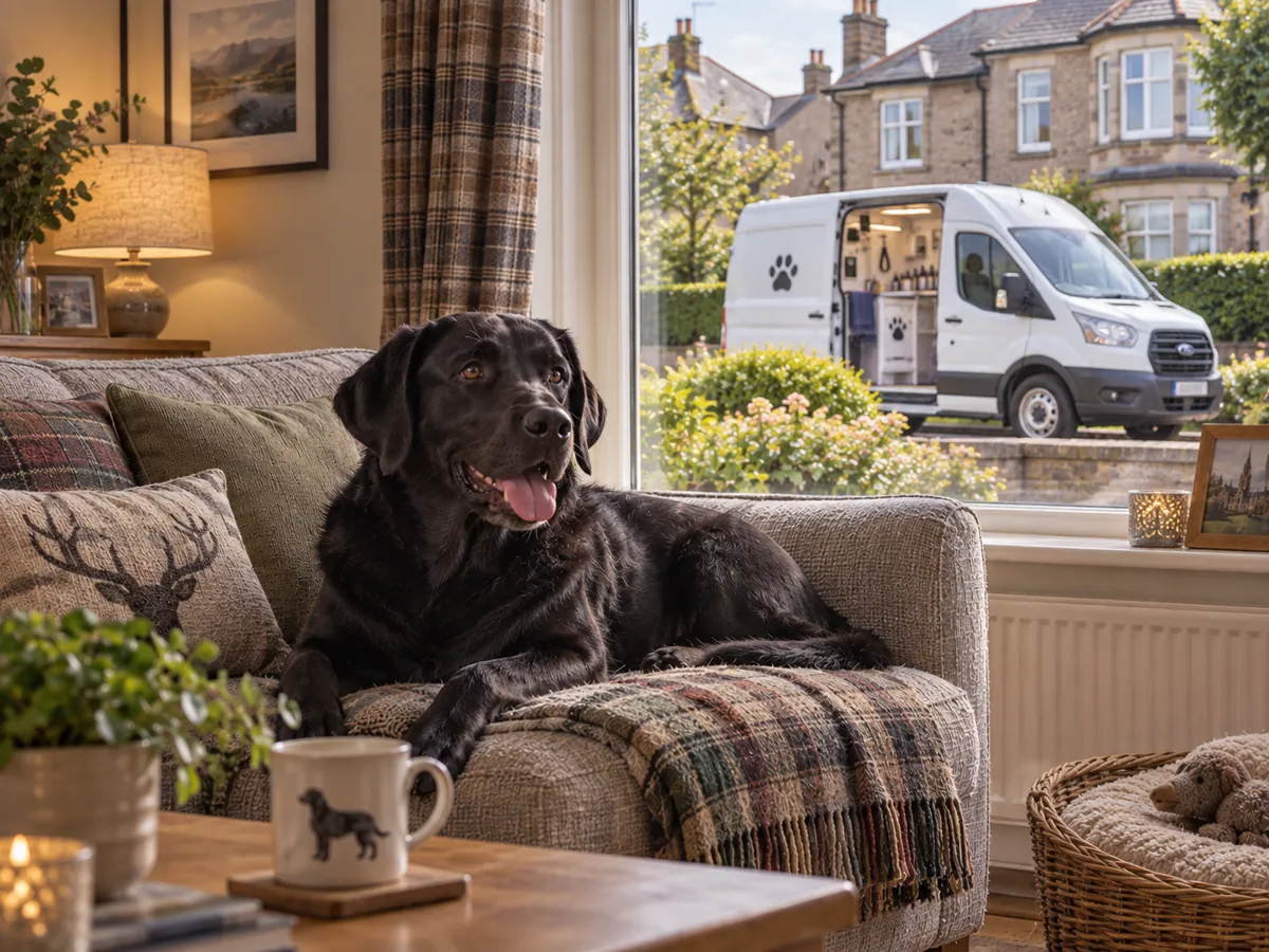 Illustrative image of a black Labrador resting on a sofa in a living room