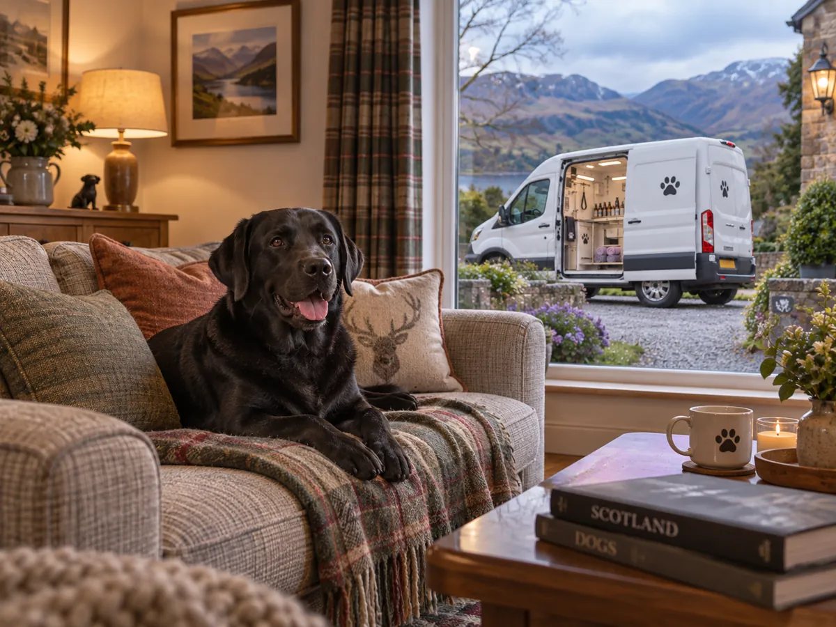 Black Labrador relaxing on a sofa at home with a white mobile grooming van visible through the window (illustrative image)