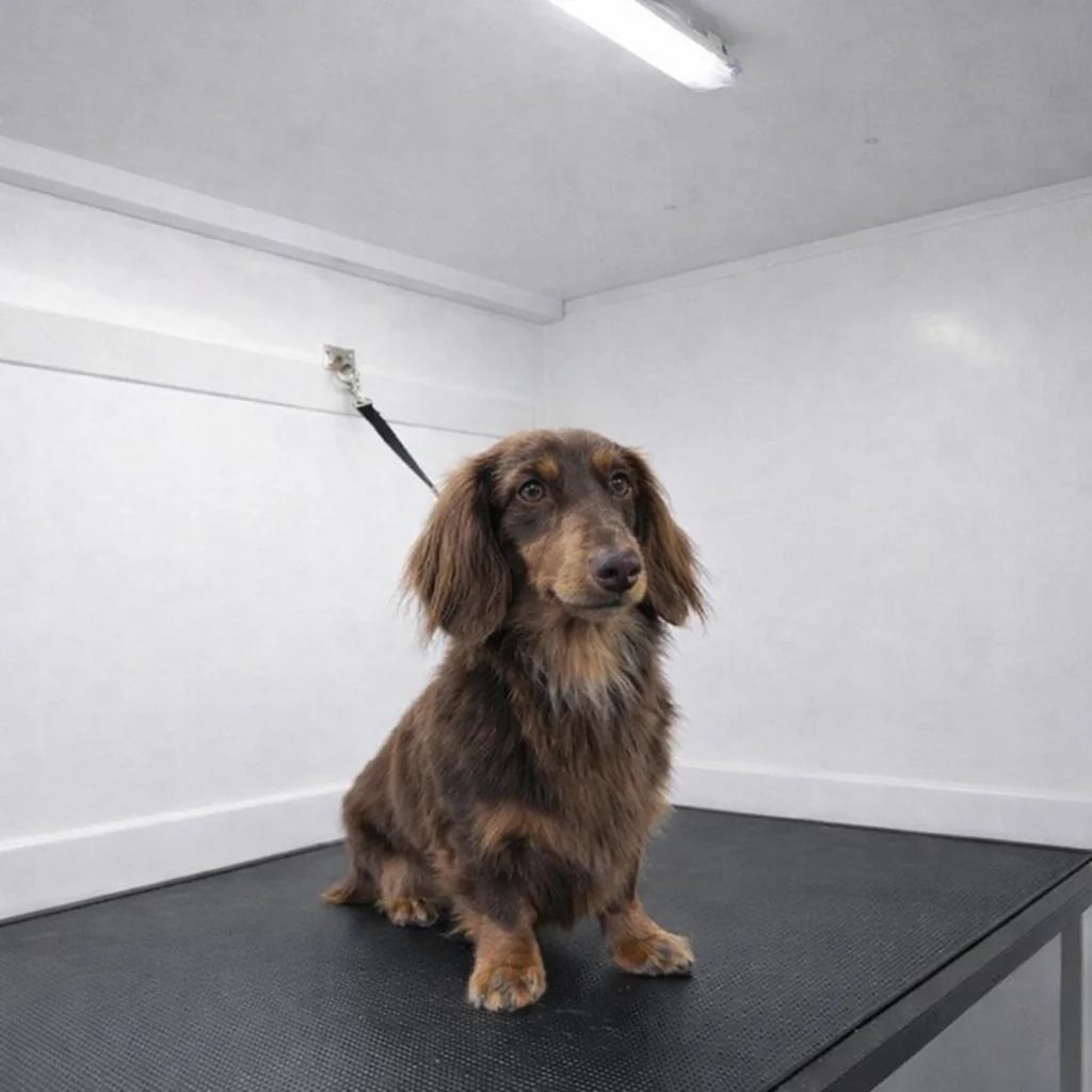 Dachshund after a groom inside the Pawlished & Pampered mobile salon