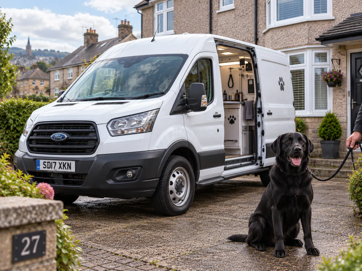 Black Labrador on a lead beside a white mobile grooming van outside a stone house (illustrative image)