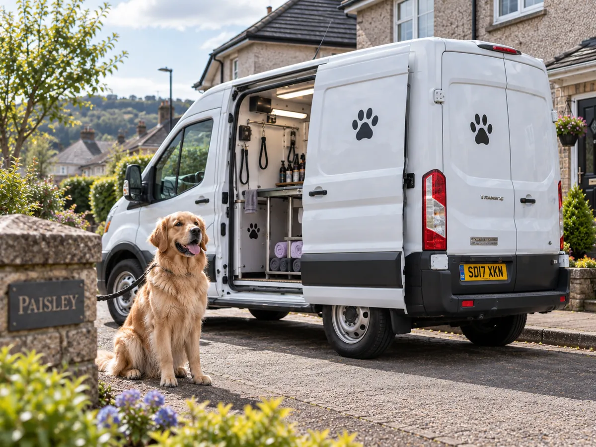 Golden Retriever sitting beside a white mobile grooming van, next to a stone gatepost with a Paisley sign (illustrative image)