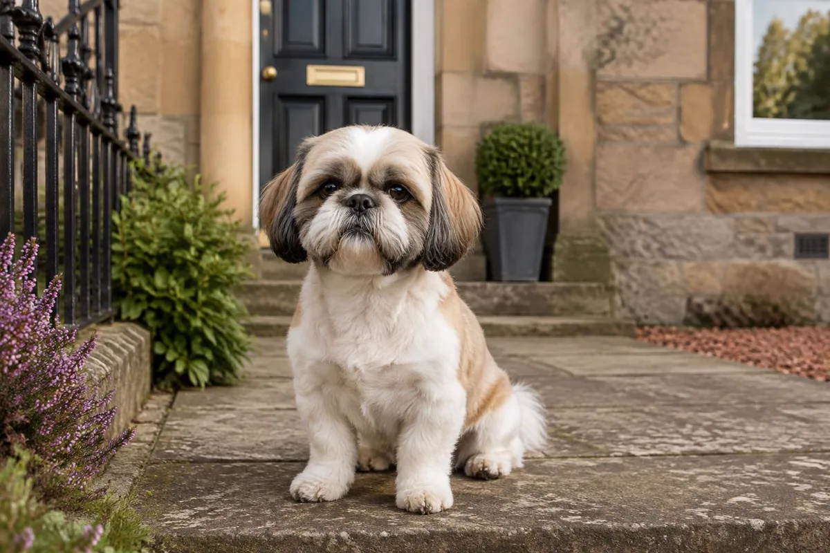 Shih Tzu sitting on a garden path outside a stone house (illustrative image)