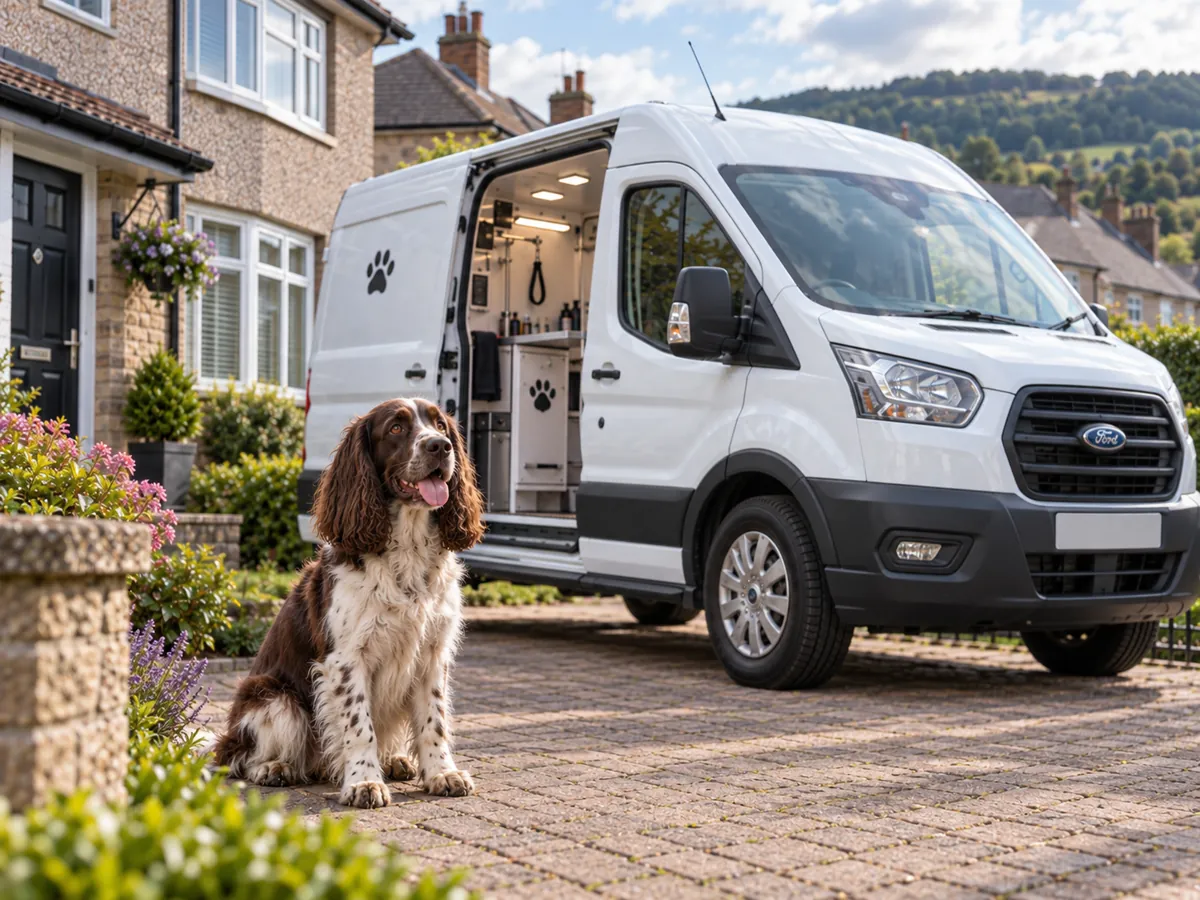 Illustrative image of a liver and white Springer Spaniel sitting on a paved driveway beside a white mobile grooming van
